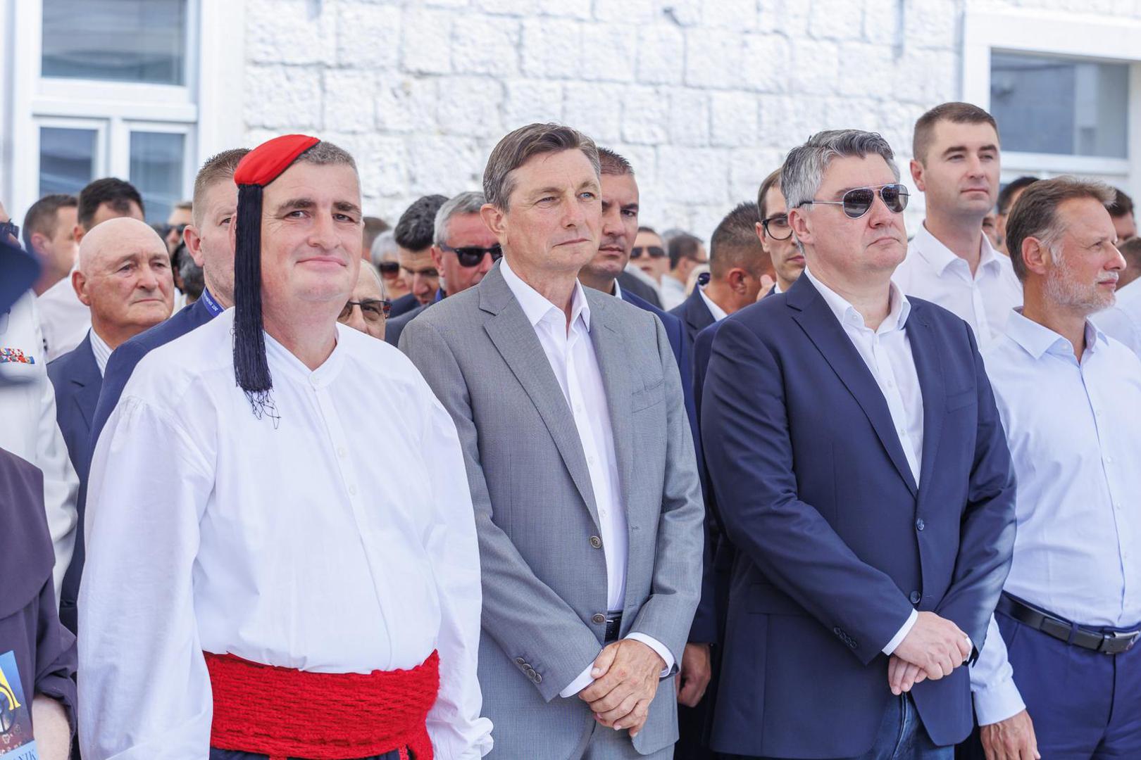 07.08.2022., Sinj - Predsjednik RH Zoran Milanovic, premijer Andrej Plenkovic s ministrima, predsjednik Republike Slovenije Borut Pahor sudjelovali su na Vojvodinom prijemu u Alkarskim dvorima.
Miro Bulj, Borut Pahor
Photo:   Photo: Miroslav Lelas/PIXSELL