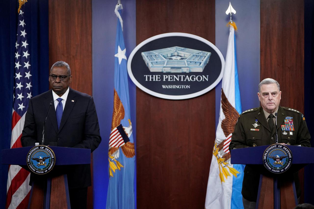 U.S. Defense Secretary Austin and Joint Chiefs of Staff Chairman Milley speak about Russia and Ukraine at Pentagon in Washington