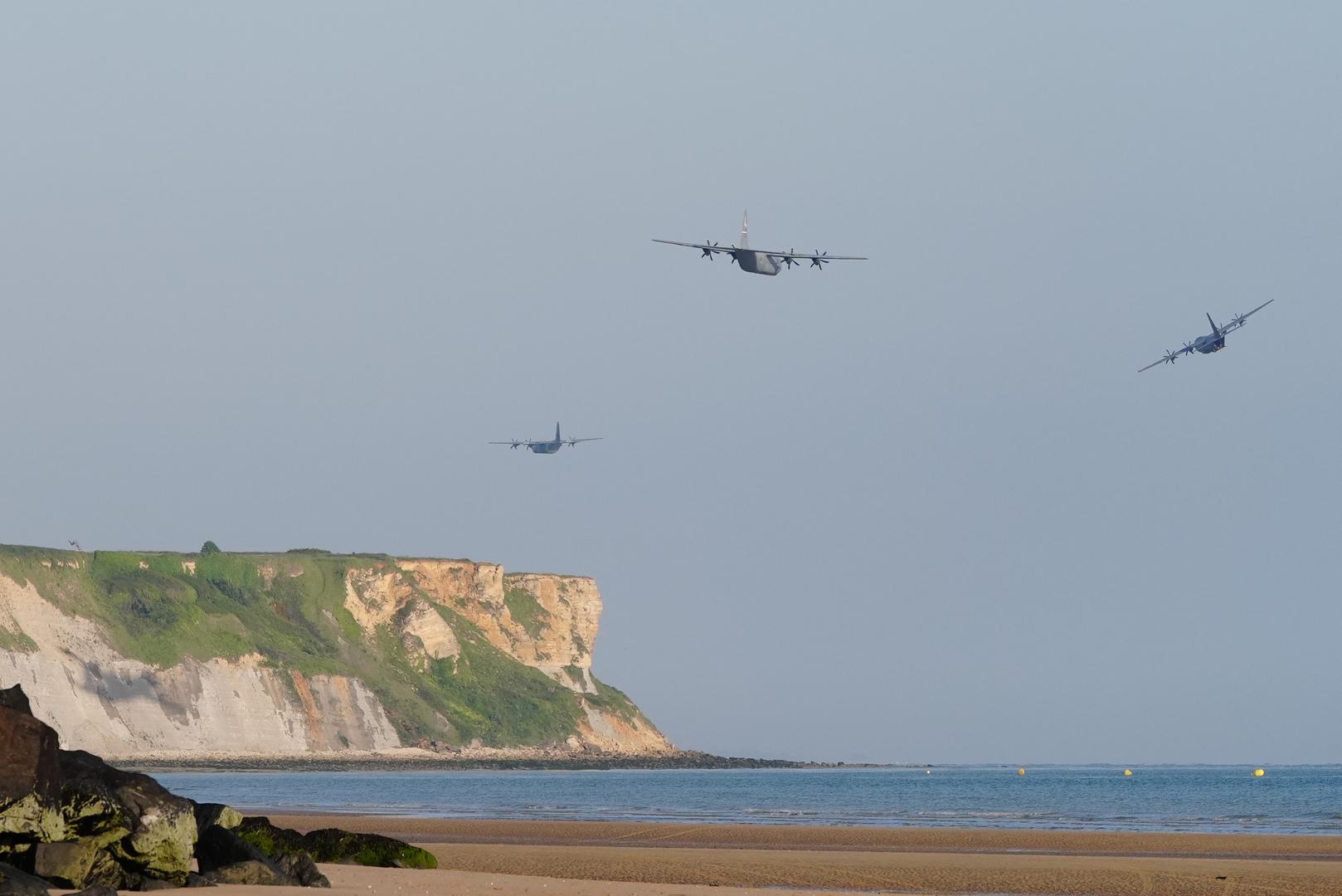 Planes fly over the beaches at Arromanches in Normandy, France, to commemorate the 80th anniversary of the D-Day landings. Picture date: Thursday June 6, 2024. Photo: Aaron Chown/PRESS ASSOCIATION