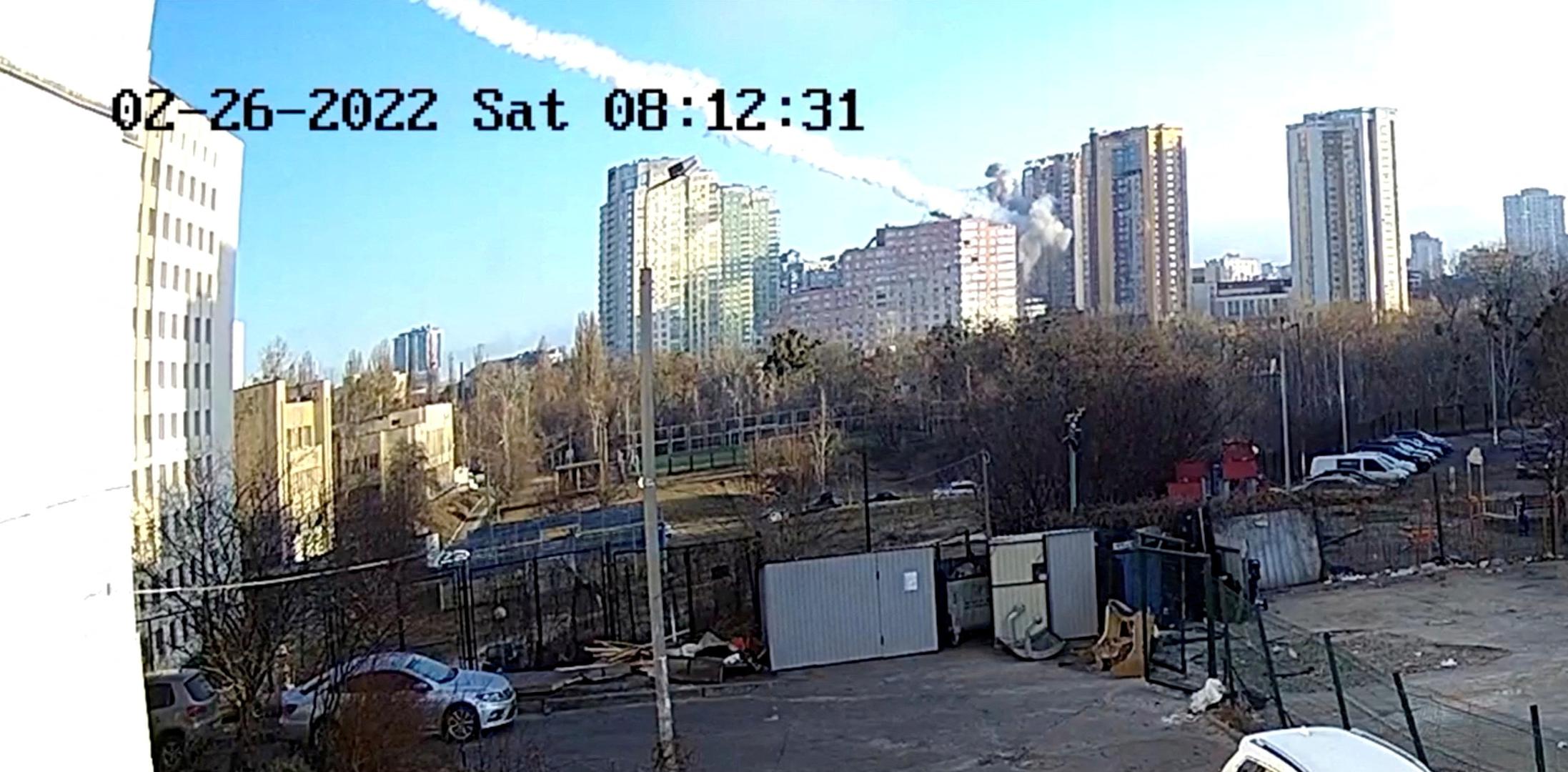 Surveillance footage shows a missile hitting a residential building in Kyiv, Ukraine, February 26, 2022, in this still image taken from a handout video.  Vitali Klitschko via Telegram/Handout via REUTERS    THIS IMAGE HAS BEEN SUPPLIED BY A THIRD PARTY. MANDATORY CREDIT. NO RESALES. NO ARCHIVES     TPX IMAGES OF THE DAY