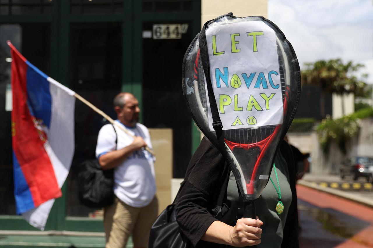 The scene outside the hotel where tennis player Novak Djokovic is believed to be in Melbourne