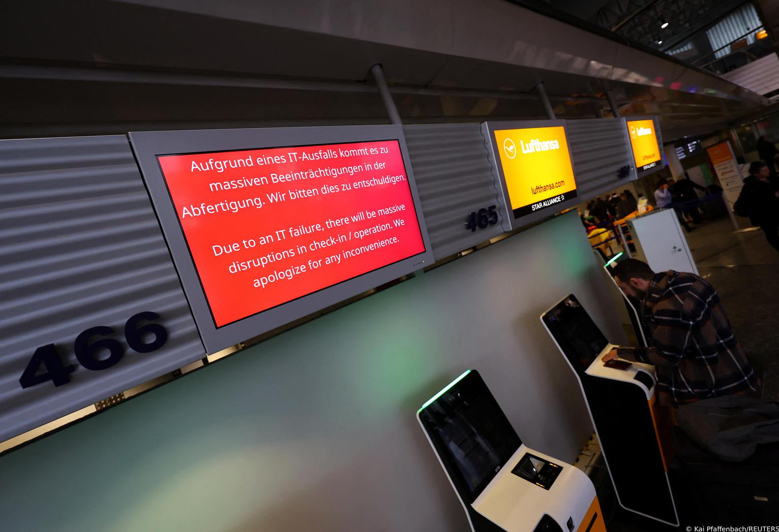 Info boards for Lufthansa passengers read "Due to an IT failure, there will be massive disruptions in check-in / operation. We apologize for any inconvenience." after an IT fault at Germany?s Lufthansa causes massive flight delays and disruptions in Frankfurt, Germany, February 15, 2023.     REUTERS/Kai Pfaffenbach Photo: Kai Pfaffenbach/REUTERS