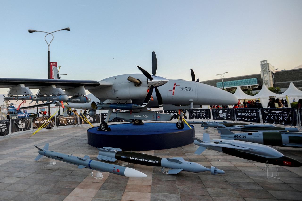 FILE PHOTO: A Bayraktar Akinci drone is exhibited at an aerospace and technology festival in Baku