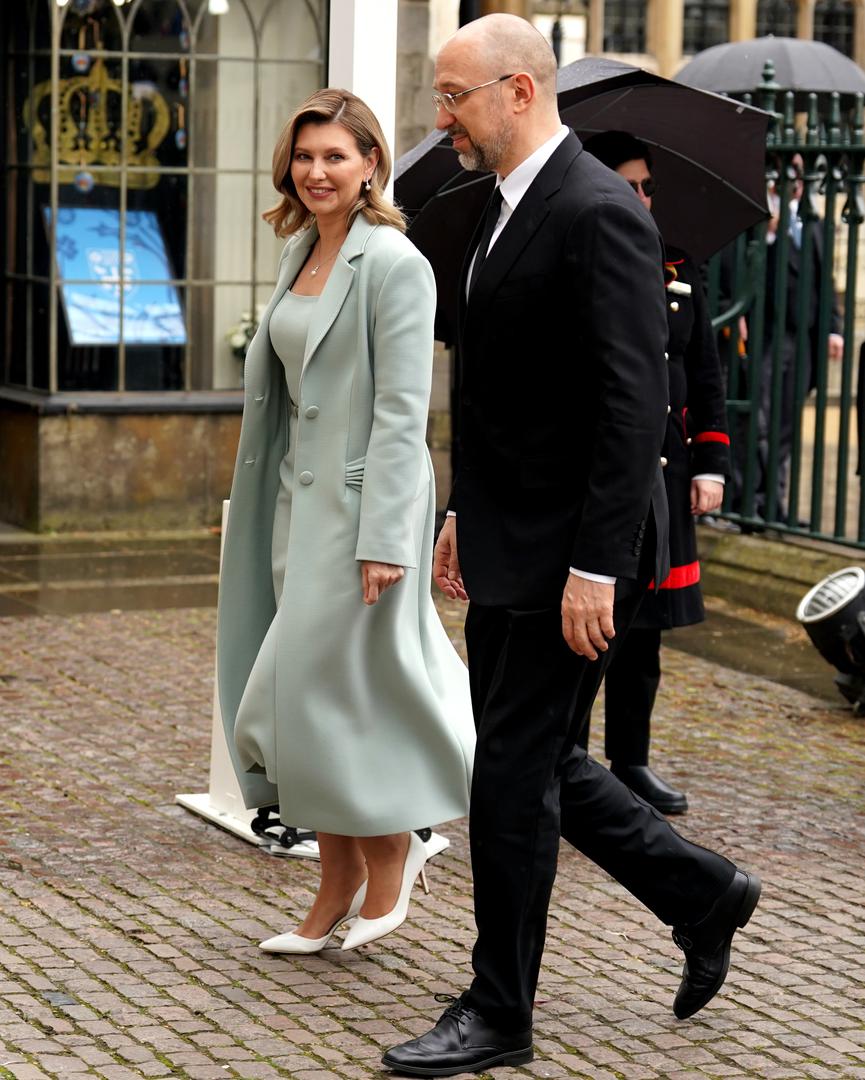 First Lady of Ukraine Olena Zelenska and the Prime Minister of Ukraine, Denys Shmyhal (right) arriving at Westminster Abbey, central London, ahead of the coronation ceremony of King Charles III and Queen Camilla. Picture date: Saturday May 6, 2023. Photo: Andrew Milligan/PRESS ASSOCIATION