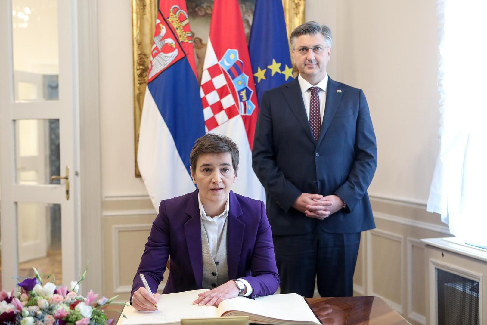 30.04.2023., Zagreb - Predsjednik Vlade Hrvatske Andrej Plenkovic sastao se s predsjednicom Vlade Srbije Anom Brnabic u Banskim dvorima. Photo: Zeljko Hladika/PIXSELL