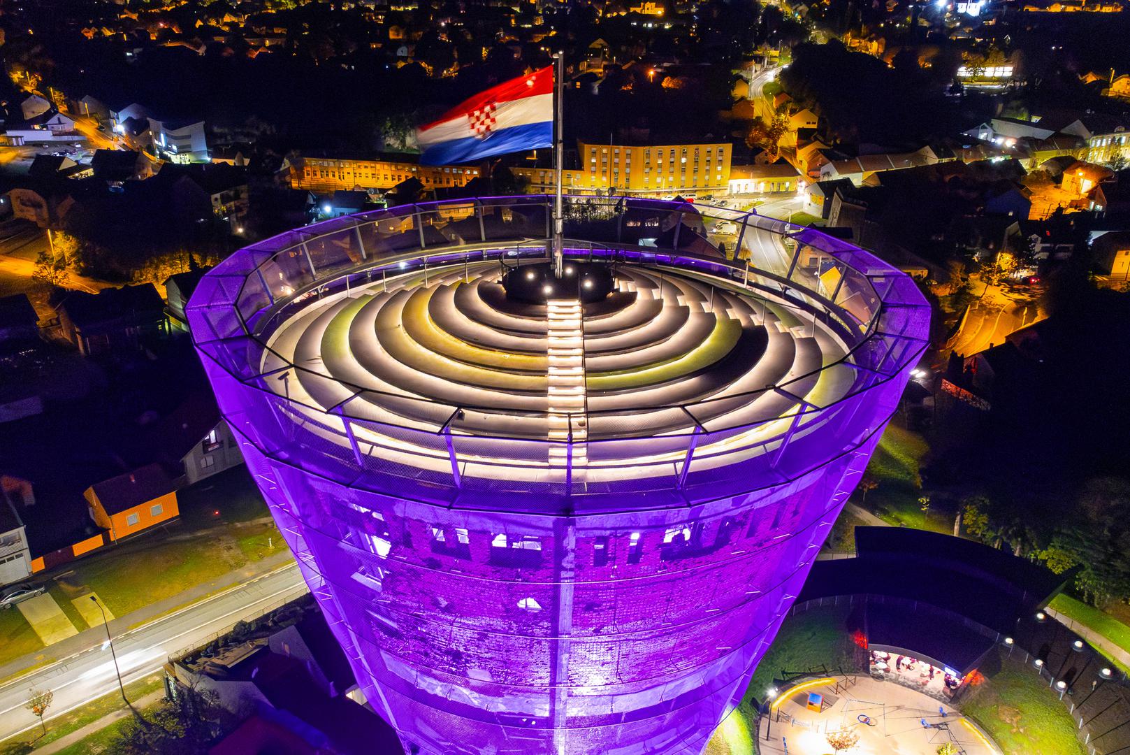 17.11.2023., Vukovar - Pogled iz zraka na Vukovarski vodotoranj osvjetljen ljubicastom bojom povodom Svjetskog dana prijevremeno rodjene djece. Photo: Davor Javorovic/PIXSELL