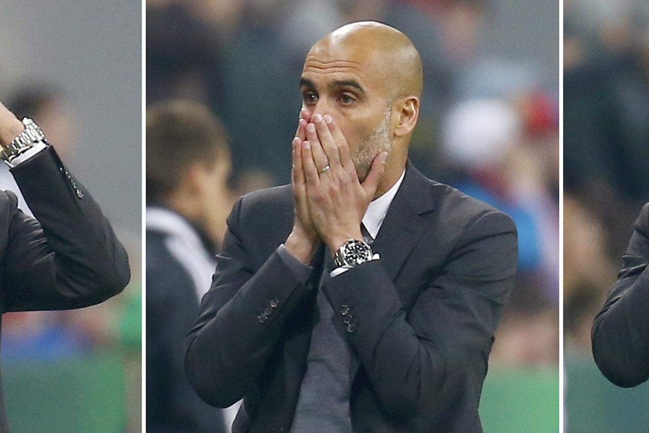 A combination photo of Bayern Munich coach Pep Guardiola reacting during the German Cup (DFB Pokal) semi-final soccer match against Borussia Dortmund in Munich, Germany April 28, 2015. Dortmund won the match 2-0 on penalties.               REUTERS/Kai Pfa