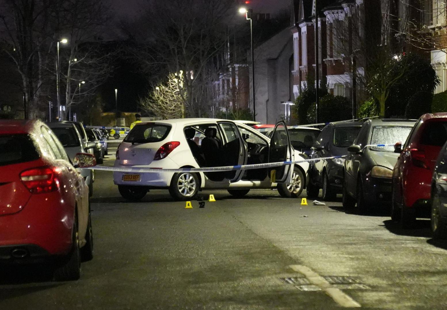 Police at the scene in Lessar Avenue near Clapham Common, south London, where a woman and her two young children have been taken to hospital after a man threw a suspected corrosive substance on Wednesday evening. Three other members of the public were also taken to hospital with injuries thought to have been suffered as they came to the aid of the woman and her children. Picture date: Thursday February 1, 2024. Photo: James Weech/PRESS ASSOCIATION