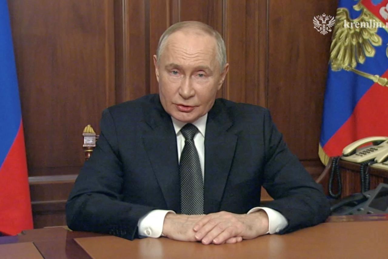 Russian President Vladimir Putin makes a televised address in Moscow