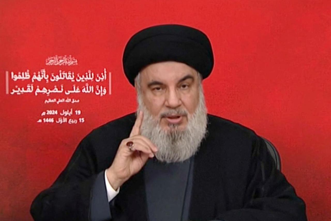 Hezbollah leader Sayyed Hassan Nasrallah gives a televised address