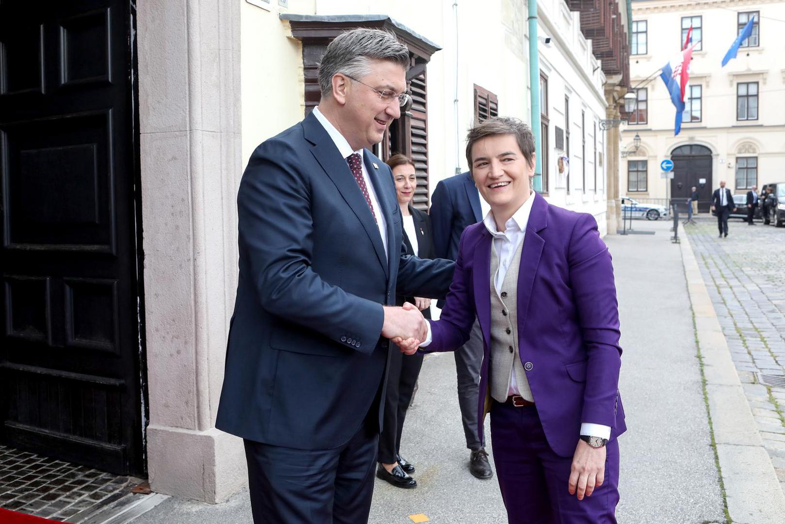 30.04.2023., Zagreb - Predsjednik Vlade Hrvatske Andrej Plenkovic sastao se s predsjednicom Vlade Srbije Anom Brnabic u Banskim dvorima. Photo: Zeljko Hladika/PIXSELL