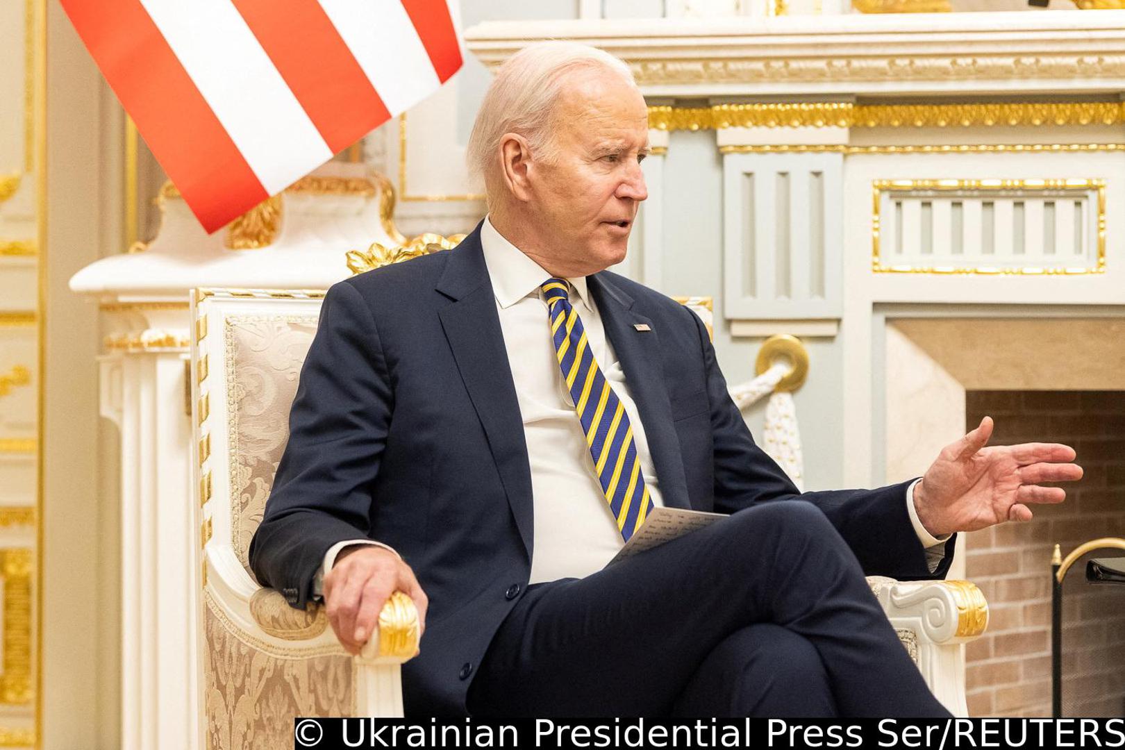 U.S. President Joe Biden attends a meeting with Ukraine's President Volodymyr Zelenskiy, amid Russia's attack on Ukraine, in Kyiv, Ukraine February 20, 2023. Ukrainian Presidential Press Service/Handout via REUTERS ATTENTION EDITORS - THIS IMAGE HAS BEEN SUPPLIED BY A THIRD PARTY. Photo: Ukrainian Presidential Press Ser/REUTERS