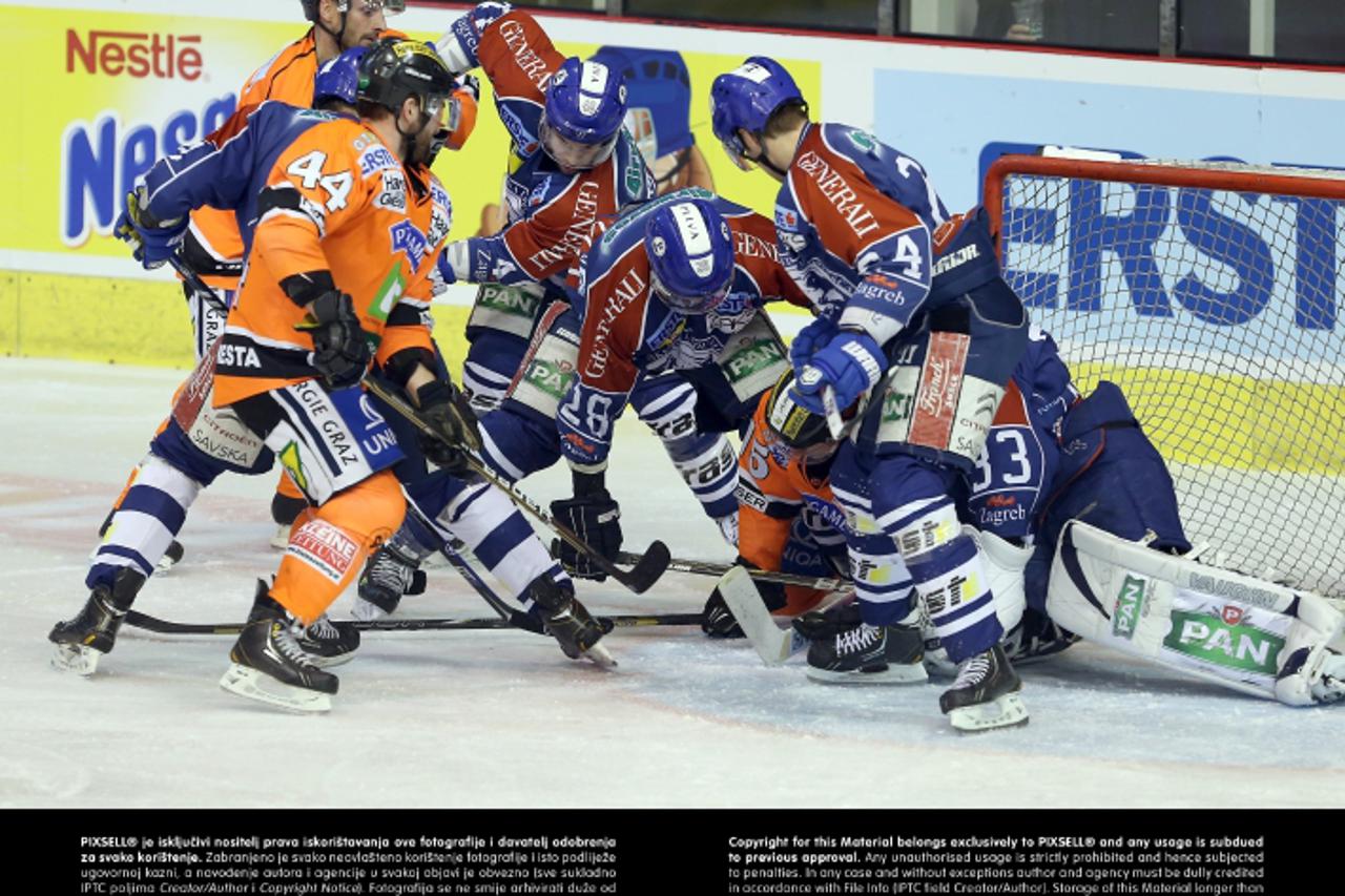 '17.02.2013., Dom sportova, Zagreb - EBEL, doigravanje, 8. kolo, KHL Medvescak - Moser Medical Graz 99ers. Olivier Latendresse, Kenneth Macaulay, Alan Letang. Photo: Jurica Galoic/PIXSELL'