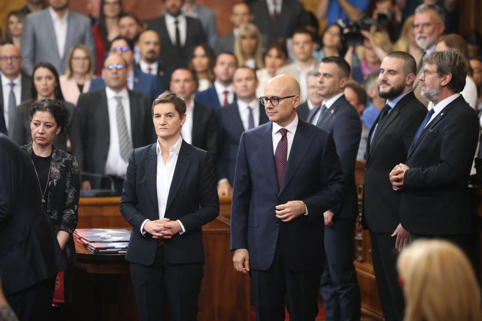 02, May, 2024, Belgrade - The Prime Minister of the Republic of Serbia, Milos Vucevic, and the ministers took the oath in the Assembly of the Republic of Serbia, and with that, their mandate officially began. Ana Brnabic, Milos Vucevic. Photo: F.S./ATAImages

02, maj, 2024, Beograd - Predsednik Vlade Republike Srbije Milos Vucevic i ministri polozili su zakletvu u Skupstini Republike Srbije, a time je poceo i zvanicno da im tece mandat. Photo: F.S./ATAImages Photo: F.S./ATAImages/PIXSELL