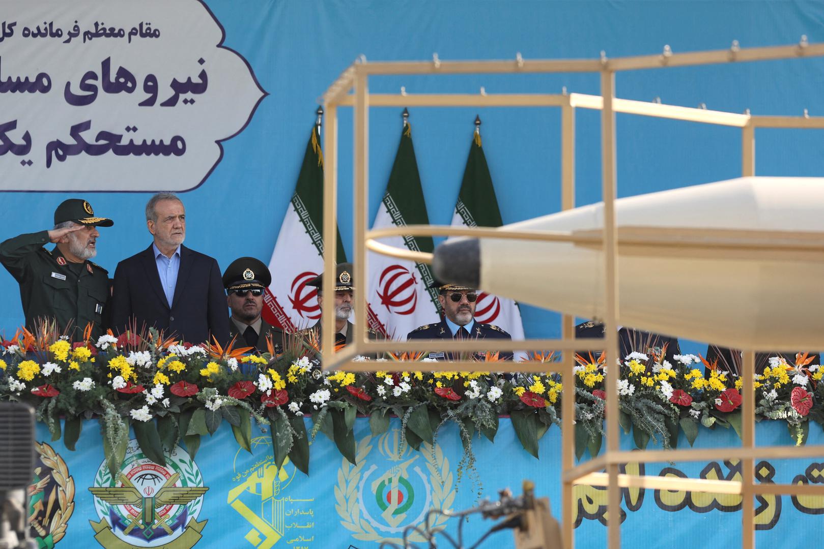 Iranian President Masoud Pezeshkian and military commanders watch as military equipment passes by during the annual military parade in Tehran, Iran, September 21, 2024. Majid Asgaripour/WANA (West Asia News Agency) via REUTERS ATTENTION EDITORS - THIS IMAGE HAS BEEN SUPPLIED BY A THIRD PARTY. Photo: MAJID ASGARIPOUR/REUTERS