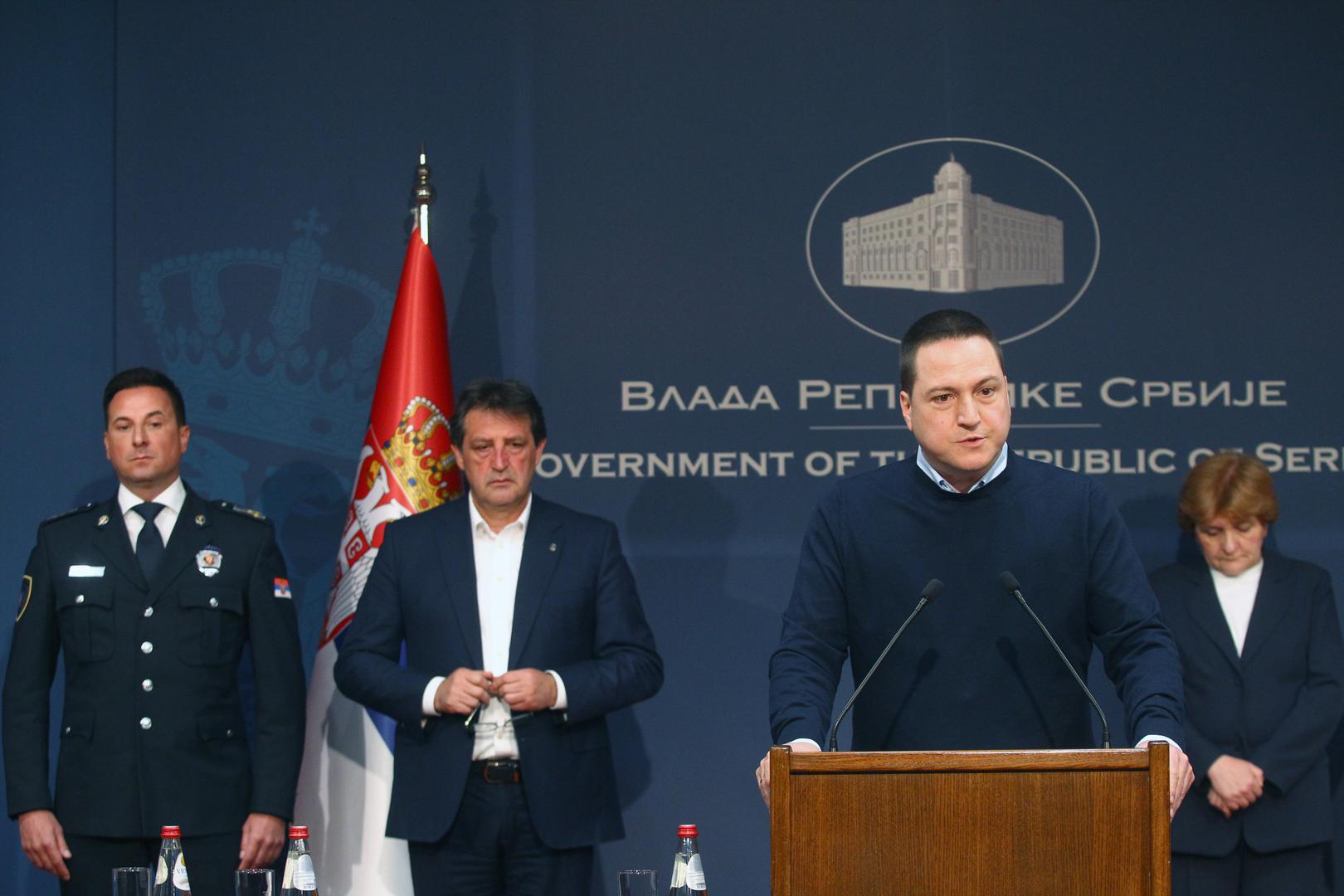 03, May, 2023, Belgrade - An extraordinary press conference on the occasion of the tragedy that happened at the "Vladislav Ribnikar" Elementary School in Belgrade was held at the Government of Serbia.  Veselin Milic, Bratislav Gasic, Branko Ruzic, Danica Grujicic. Photo: Milos Tesic/ATAImages

03, maj, 2023, Beograd  - Vanredna konferencija za novinare, povodom tragedije koja se desila u Osnovnoj skoli "Vladislav Ribnikar” u Beogradu, odrzana je u Vladi Srbije. Photo: Milos Tesic/ATAImages Photo: Milos Tesic/PIXSELL