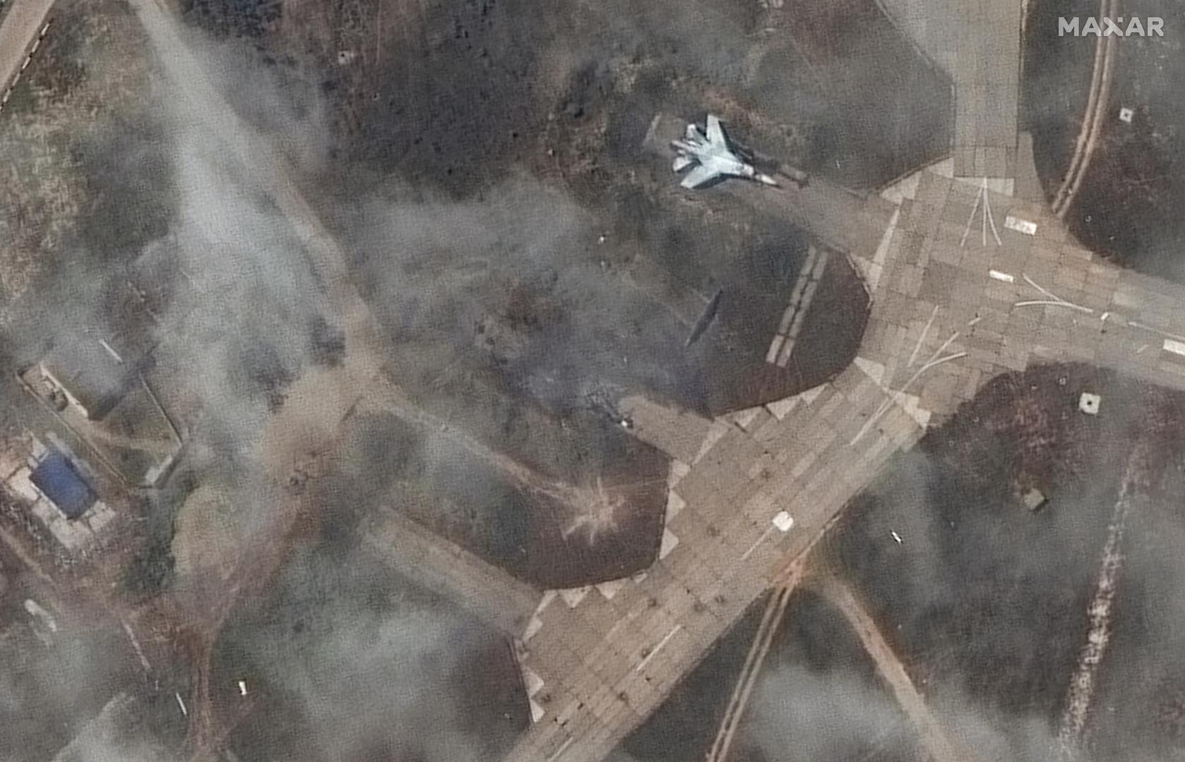A satellite image of a destroyed Su27 fighter in its revetment following an attack at Belbek Airbase, amid Russia's attack on Ukraine, in Crimea May 16, 2024.   Maxar Technologies/Handout via REUTERS    THIS IMAGE HAS BEEN SUPPLIED BY A THIRD PARTY. NO RESALES. NO ARCHIVES. MANDATORY CREDIT. MUST NOT OBSCURE LOGO Photo: MAXAR TECHNOLOGIES/REUTERS