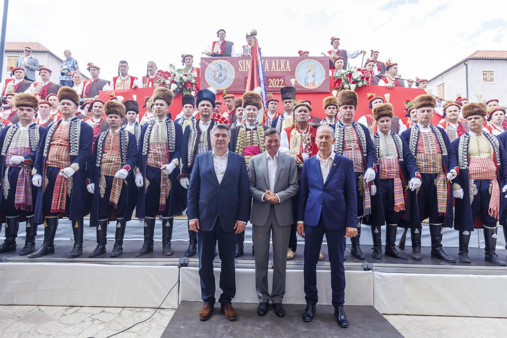 07.08.2022., Sinj - Predsjednik RH Zoran Milanovic, premijer Andrej Plenkovic s ministrima, predsjednik Republike Slovenije Borut Pahor sudjelovali su na Vojvodinom prijemu u Alkarskim dvorima.
Zoran Milanovic, Borut Pahor
Photo:   Photo: Miroslav Lelas/PIXSELL