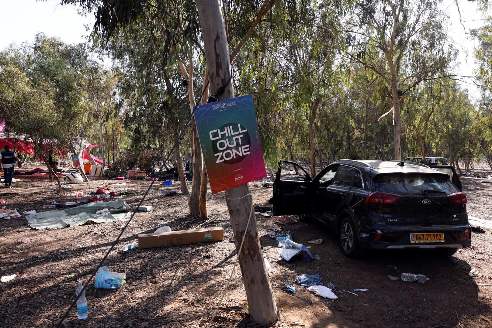 A sign reads "chill out zone" at the site of an attack on the Nova Festival by Hamas gunmen from Gaza, near Israel's border with the Gaza Strip, in southern Israel, October 12, 2023. REUTERS/Ronen Zvulun Photo: RONEN ZVULUN/REUTERS