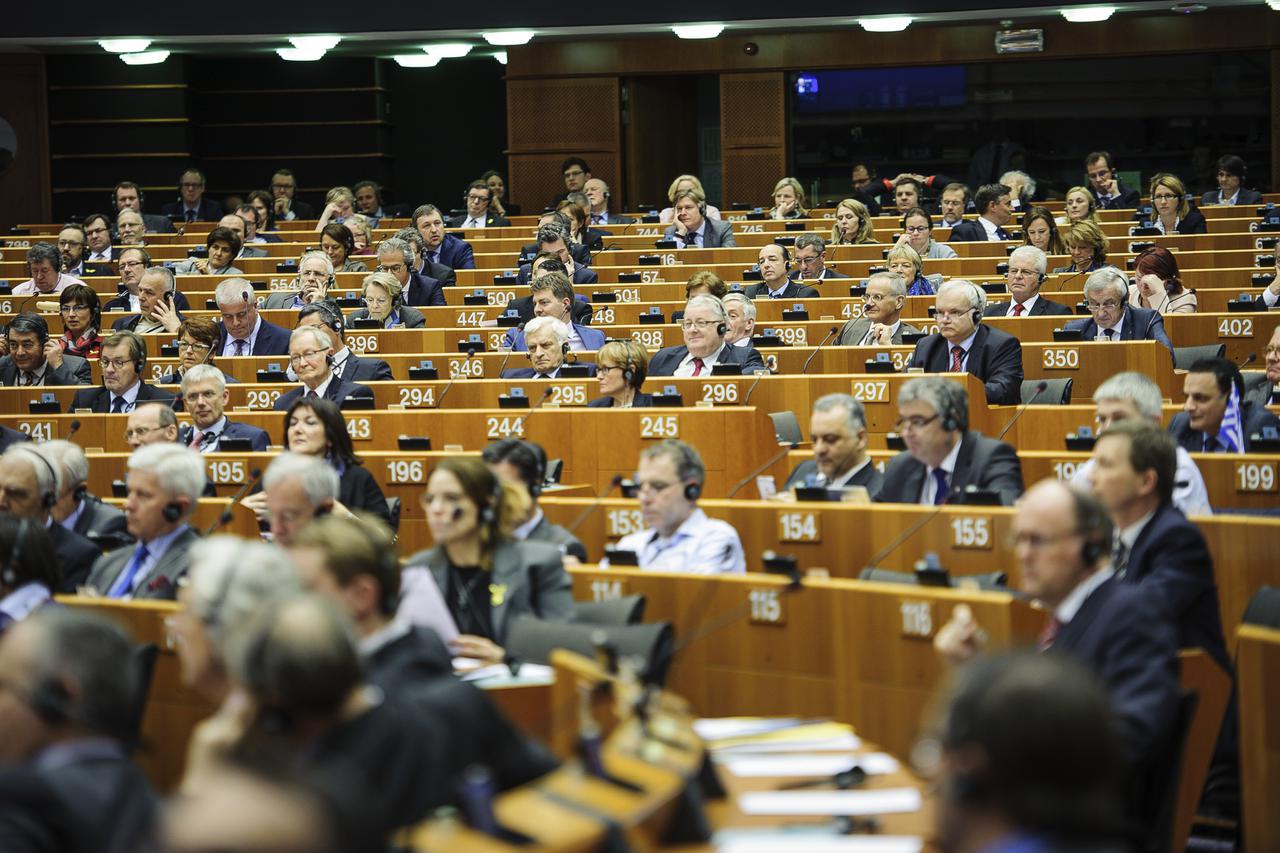 Global view of the chamber of  the European Parliament at the start a plenary session in Brussels, Belgium on 25.03.2015 President of the European Council Donald Tusk and European Commission President Jean-Claude Juncker presented to the parliament with t