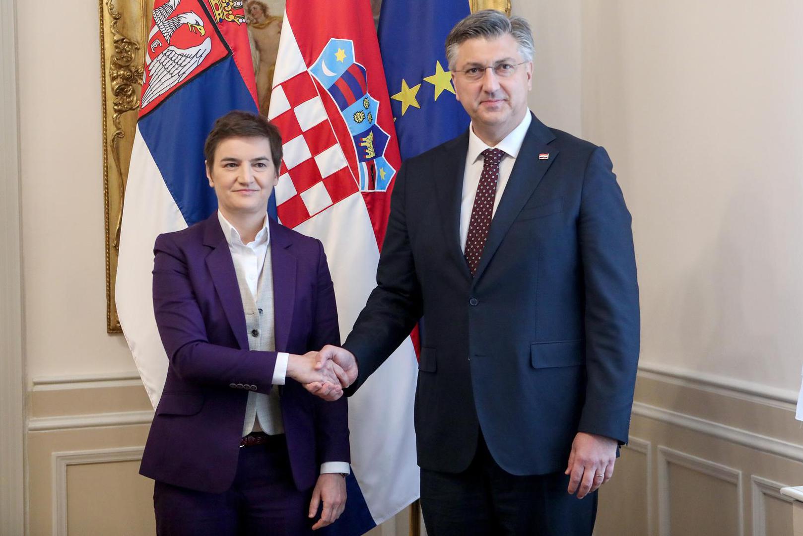 30.04.2023., Zagreb - Predsjednik Vlade Hrvatske Andrej Plenkovic sastao se s predsjednicom Vlade Srbije Anom Brnabic u Banskim dvorima. Photo: Zeljko Hladika/PIXSELL