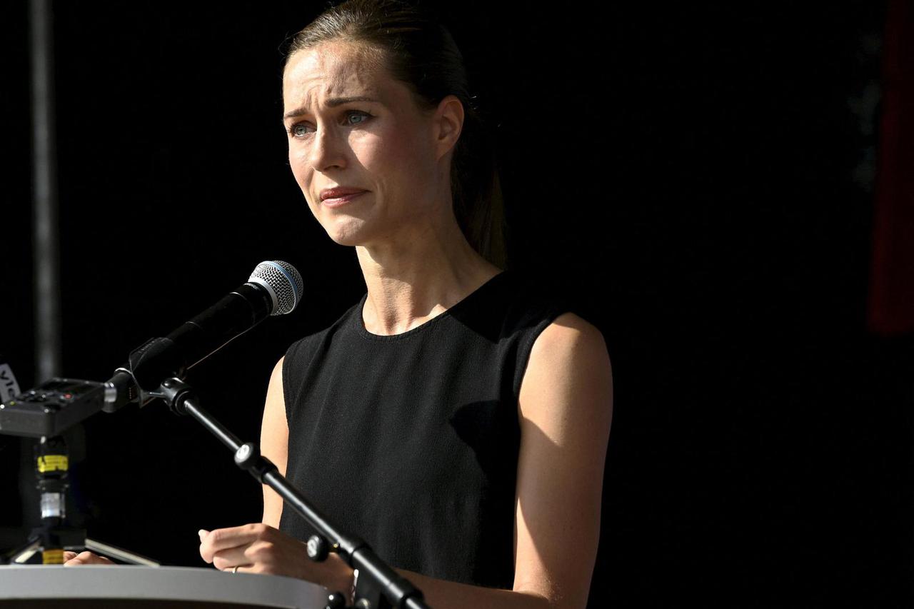 Finnish Prime Minister Sanna Marin reacts during a meeting of Social Democratic Party in Lahti