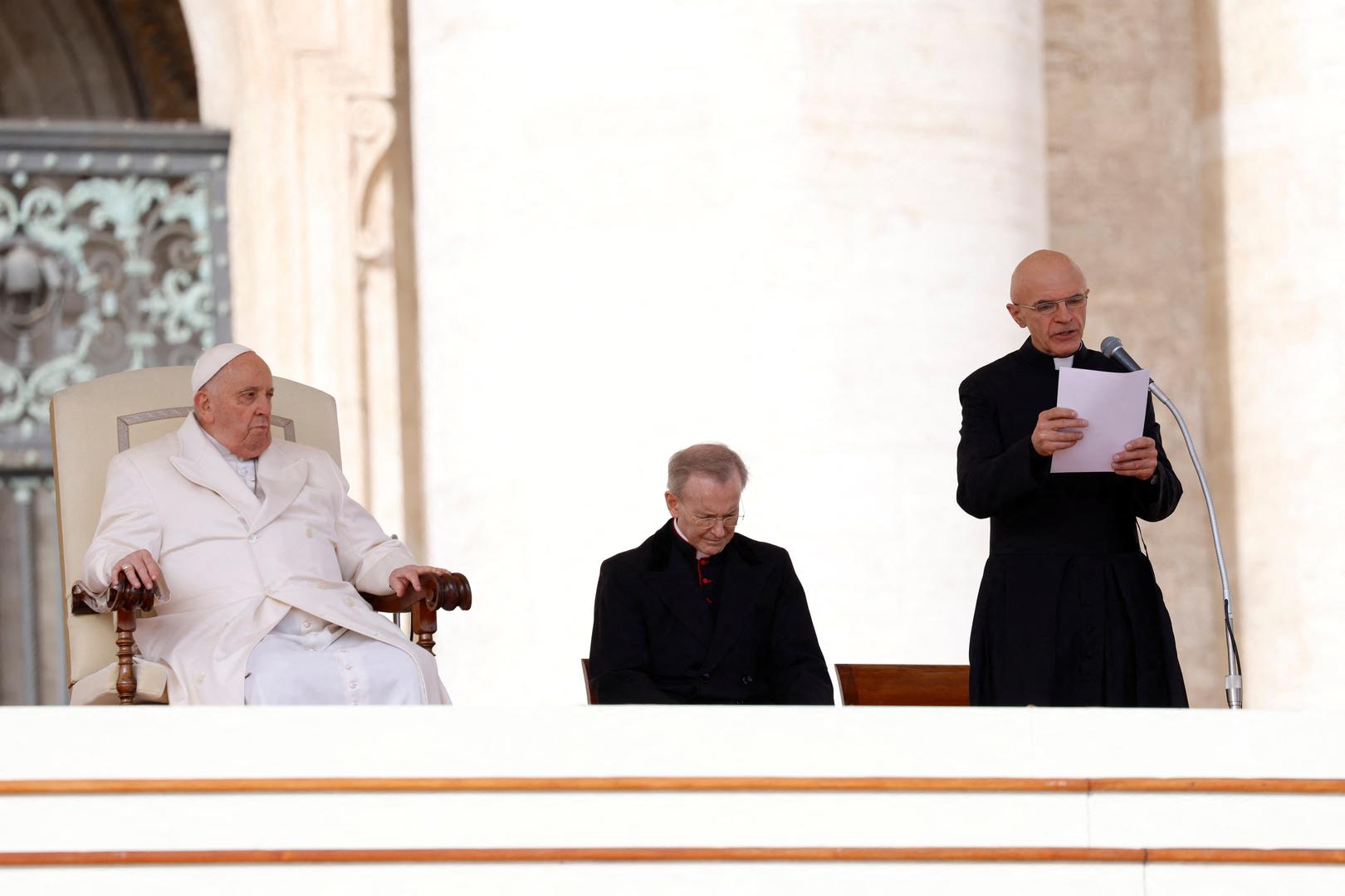 Rosminian Pierluigi Giroli reads the preaching on behalf of Pope Francis during the weekly general audience, in St. Peter's Square at the Vatican, March 6, 2024. REUTERS/Remo Casilli Photo: REMO CASILLI/REUTERS