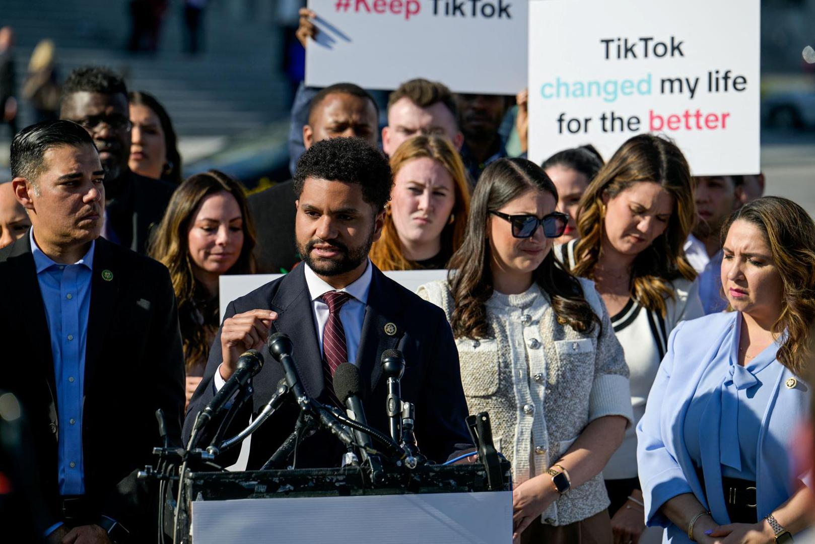 Congressman Maxwell Frost (D-FL) speaks as he is joined by fellow House members Rep. Robert Garcia (D-CA), Rep. Sara Jacobs (D-CA), Rep. Delia Ramirez (D-IL) and TikTok creators during a press conference to voice their opposition to the “Protecting Americans from Foreign Adversary Controlled Applications Act," pending crackdown legislation on TikTok in the House of Representatives, on Capitol Hill in Washington, U.S., March 12, 2024. REUTERS/Craig Hudson Photo: CRAIG HUDSON/REUTERS