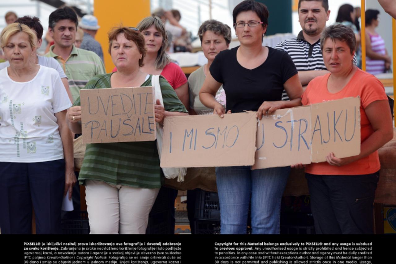 '03.07.2013., Varazdin - Danas su i varazdinske kumice jednosatnim strajkom upozorile na apsurd uvodjenja fiskalnih blagajna na trznice. Photo: Marko Jurinec/PIXSELL'