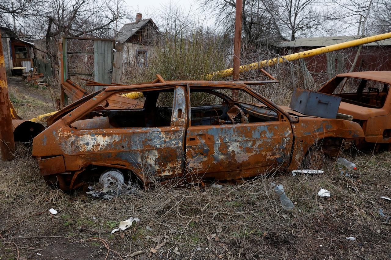 A view shows the remains of destroyed cars in Avdiivka