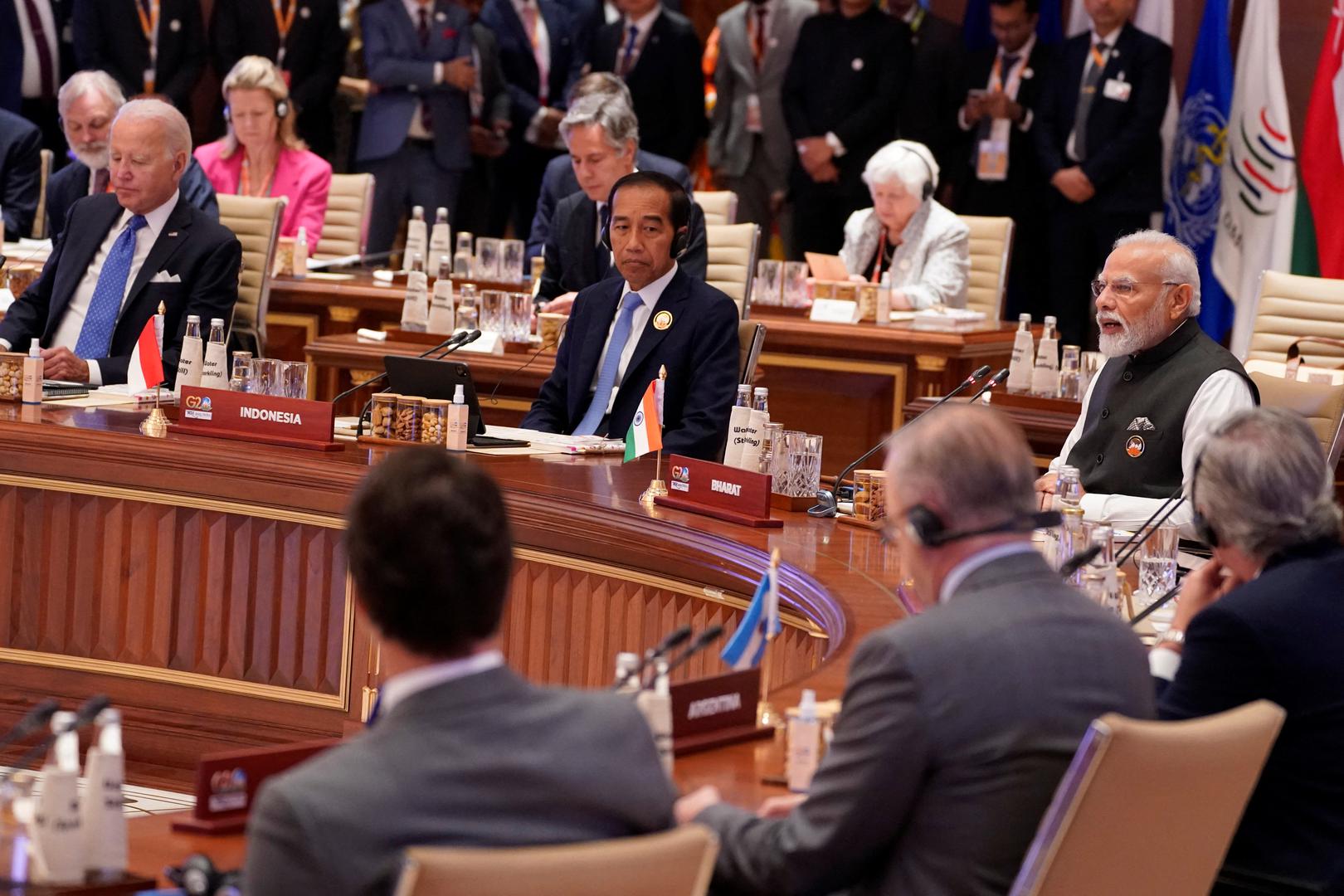 Indian Prime Minister Narendra Modi speaks during the first session of the G20 Summit, in New Delhi, India, Saturday, Sept. 9, 2023. Evan Vucci/Pool via REUTERS Photo: POOL/REUTERS