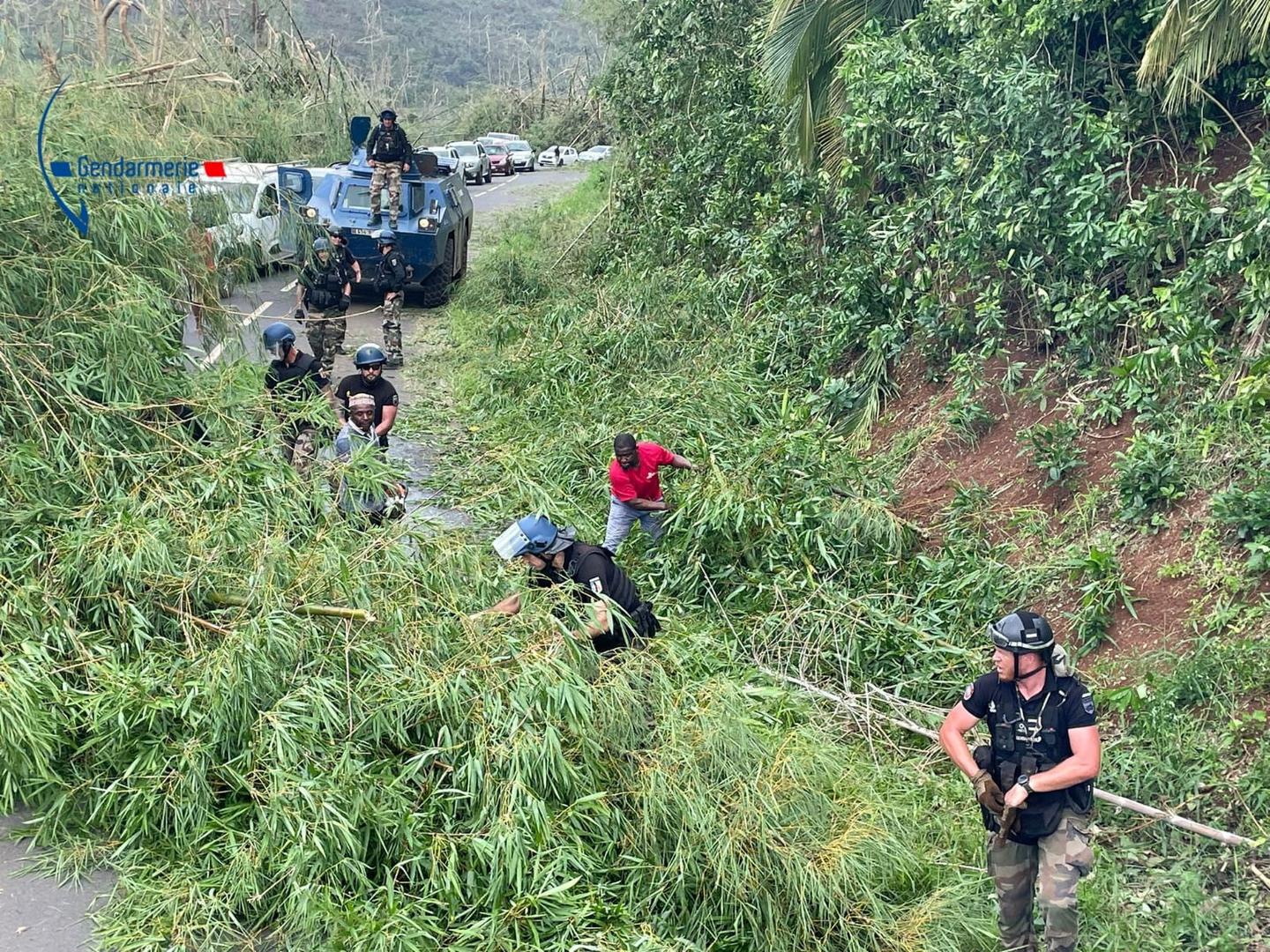 French Gendarmerie forces clear a road in the aftermath of Cyclone Chido, in Mayotte, France December 15, 2024. Gendarmerie Nationale/Handout via REUTERS    THIS IMAGE HAS BEEN SUPPLIED BY A THIRD PARTY. NO RESALES. NO ARCHIVES. WATERMARK FROM SOURCE. Photo: GENDARMERIE NATIONALE/REUTERS