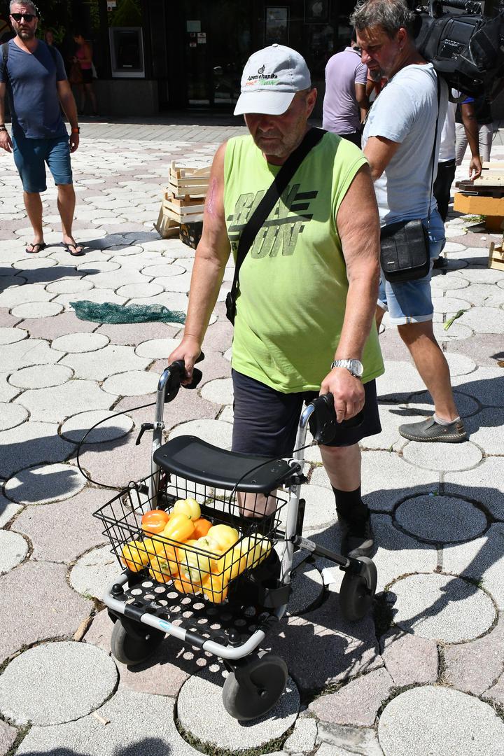 01.08.2024., Virovitica - Podravski povrtlari besplatno su od 14 sati na virovitickom Trgu kralja Tomislava dijelili povrce zainteresiranim gradjanima u znak protesta zbog nerjesavanja problema s nelojalnom konkurencijom, odnosno privilegiranja uvoznog povrca na trzistu. Photo: Ivica Galovic/PIXSELL