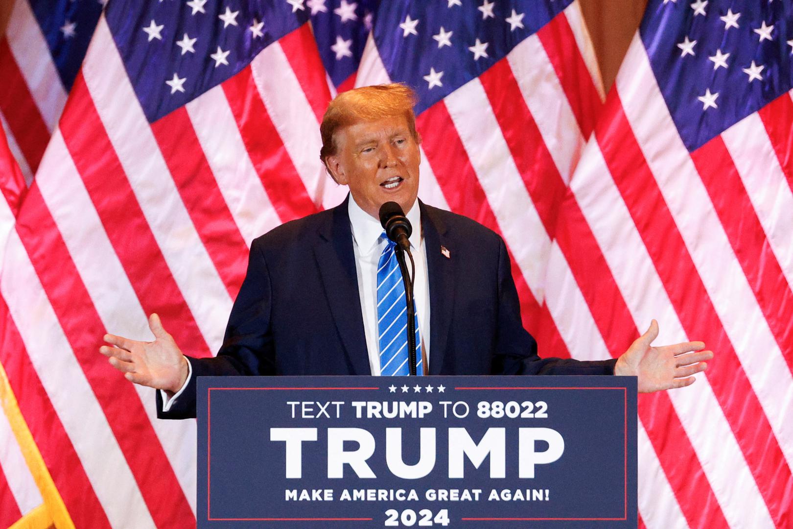 Republican presidential candidate and former U.S. President Donald Trump speaks at a watch party event to mark the Super Tuesday primary elections at his Mar-a-Lago property, in Palm Beach, Florida, U.S. March 5, 2024. REUTERS/Marco Bello Photo: MARCO BELLO/REUTERS