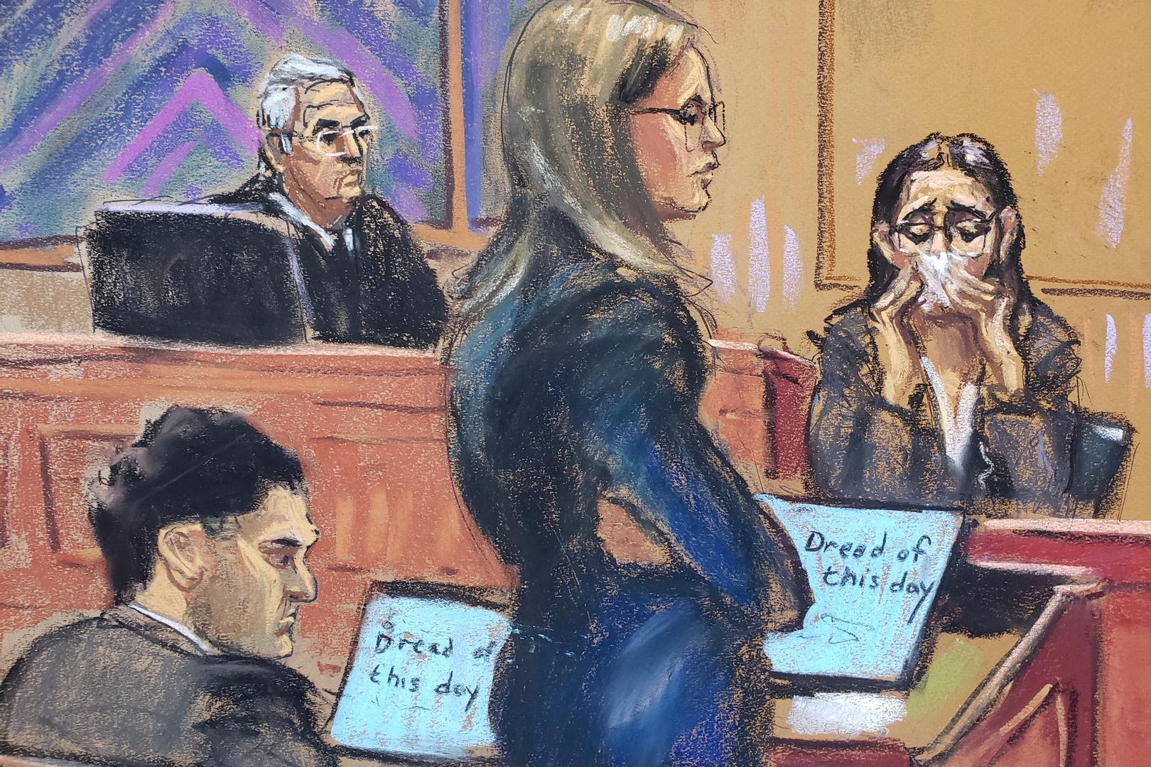 Caroline Ellison reacts while being questioned by Assistant U.S. Attorney Danielle Sassoon during Sam Bankman-Fried's fraud trial before U.S. District Judge Lewis Kaplan over the collapse of FTX, the bankrupt cryptocurrency exchange, at Federal Court in New York City, U.S., October 11, 2023 in this courtroom sketch. REUTERS/Jane Rosenberg Photo: JANE ROSENBERG/REUTERS