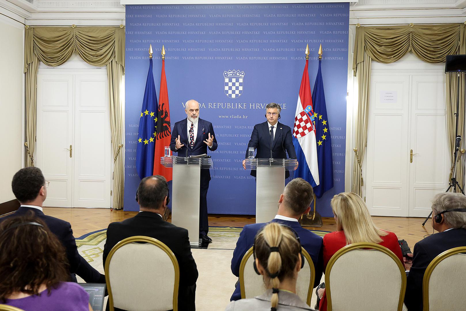 02.10.2023., Zagreb - Predsjednik Vlade Andrej Plenkovic primio je predsjednika Vlade Republike Albanije Edija Ramu, koji boravi u sluzbenom posjetu Hrvatskoj. Izjave za medije nakon sastanka. Photo: Goran Stanzl/PIXSELL