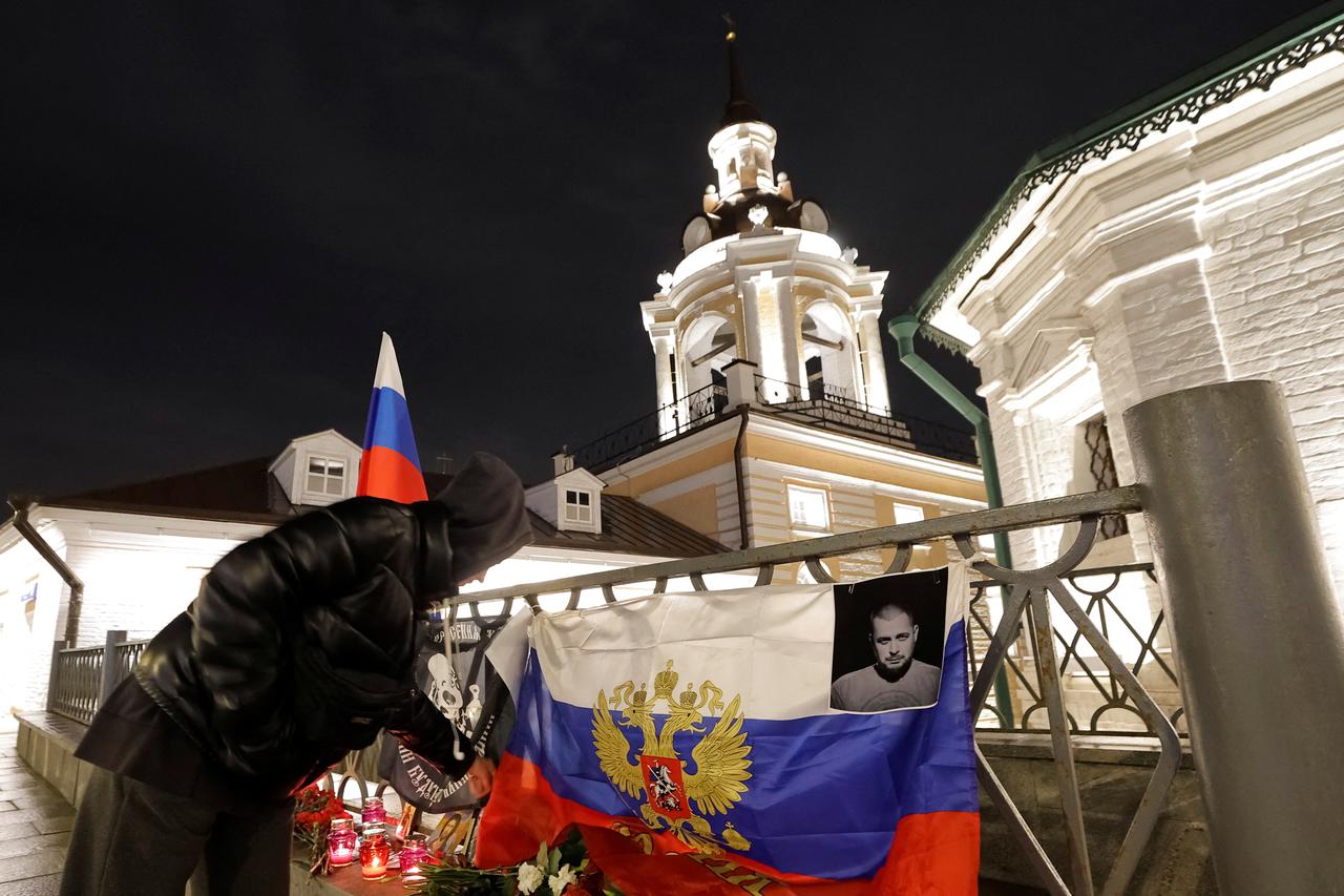 Improvised memorial for Russian military blogger Vladlen Tatarsky, who was killed in a cafe explosion, in Moscow