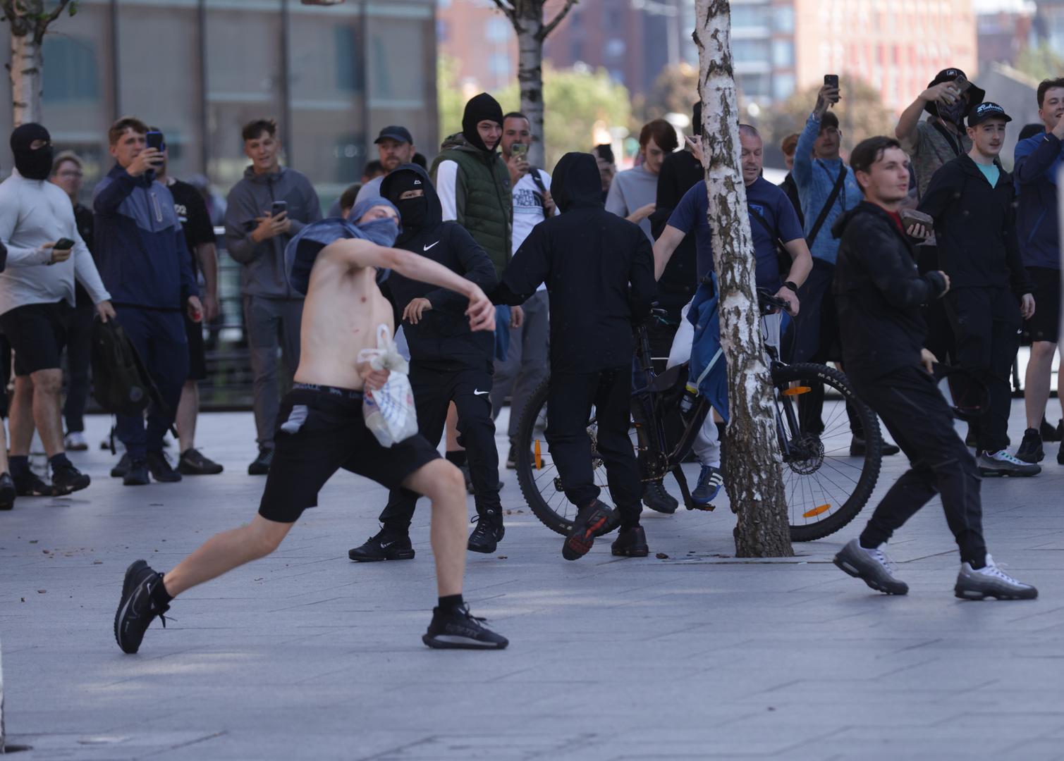 People protest in Liverpool, following the stabbing attacks on Monday in Southport, in which three young children were killed. Picture date: Saturday August 3, 2024. Photo: James Speakman/PRESS ASSOCIATION