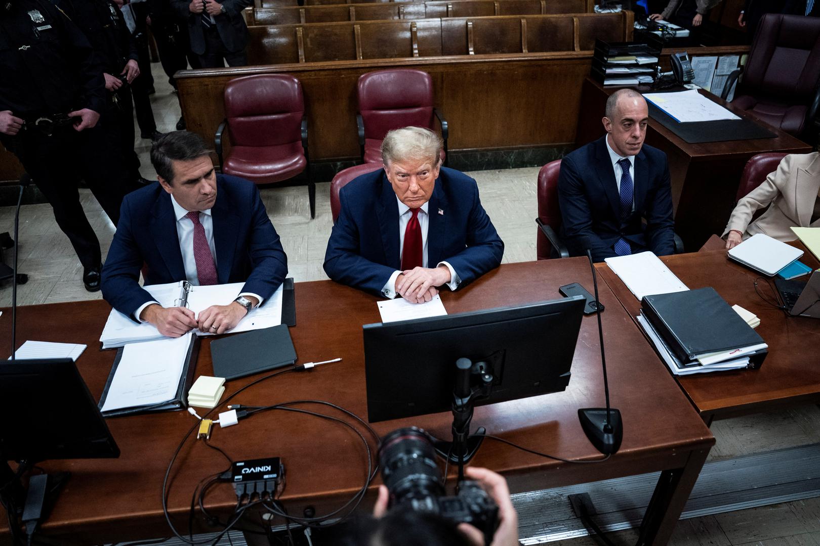 Former U.S. President Donald Trump arrives at Manhattan criminal court with his legal team ahead of the start of jury selection in New York, NY, U.S. on Monday, April 15, 2024. Trump faces 34 felony counts of falsifying business records as part of an alleged scheme to silence claims of extramarital sexual encounters during his 2016 presidential campaign. Jabin Botsford/Pool via REUTERS Photo: Jabin Botsford/REUTERS