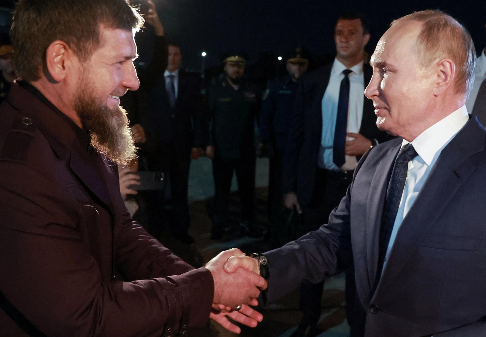 Russia's President Vladimir Putin is welcomed by head of the Chechen Republic Ramzan Kadyrov as they meet at an airport in Grozny, Russia August 20, 2024. Sputnik/Vyacheslav Prokofyev/Pool via REUTERS ATTENTION EDITORS - THIS IMAGE WAS PROVIDED BY A THIRD PARTY. Photo: VYACHESLAV PROKOFYEV/REUTERS