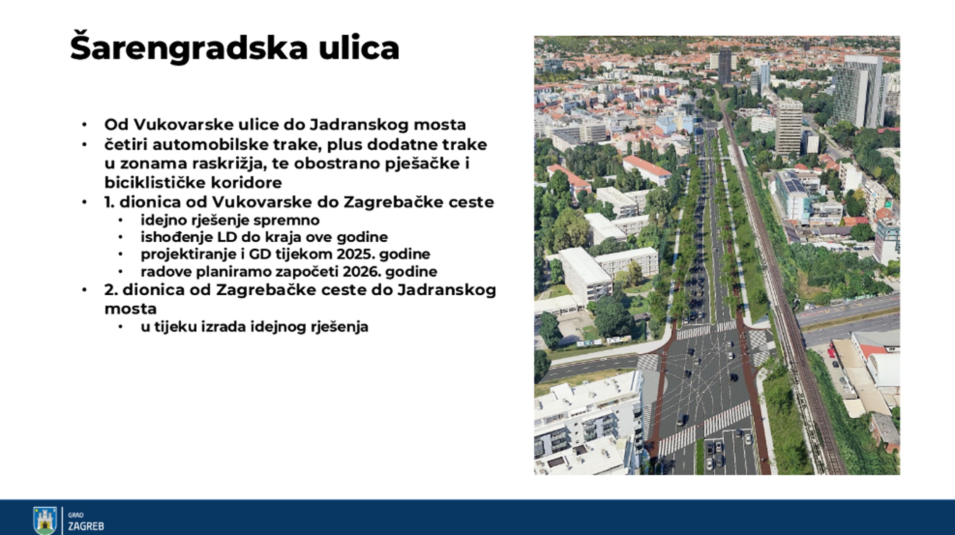 Od Vukovarske do Jadranskog mosta radit će se nova Šarengradska ulica. Imat će četiri automobilske trake i ključna je za rasterećenje Savske ceste pa će širi centar bit će rasterećen, rekao je Tomašević.