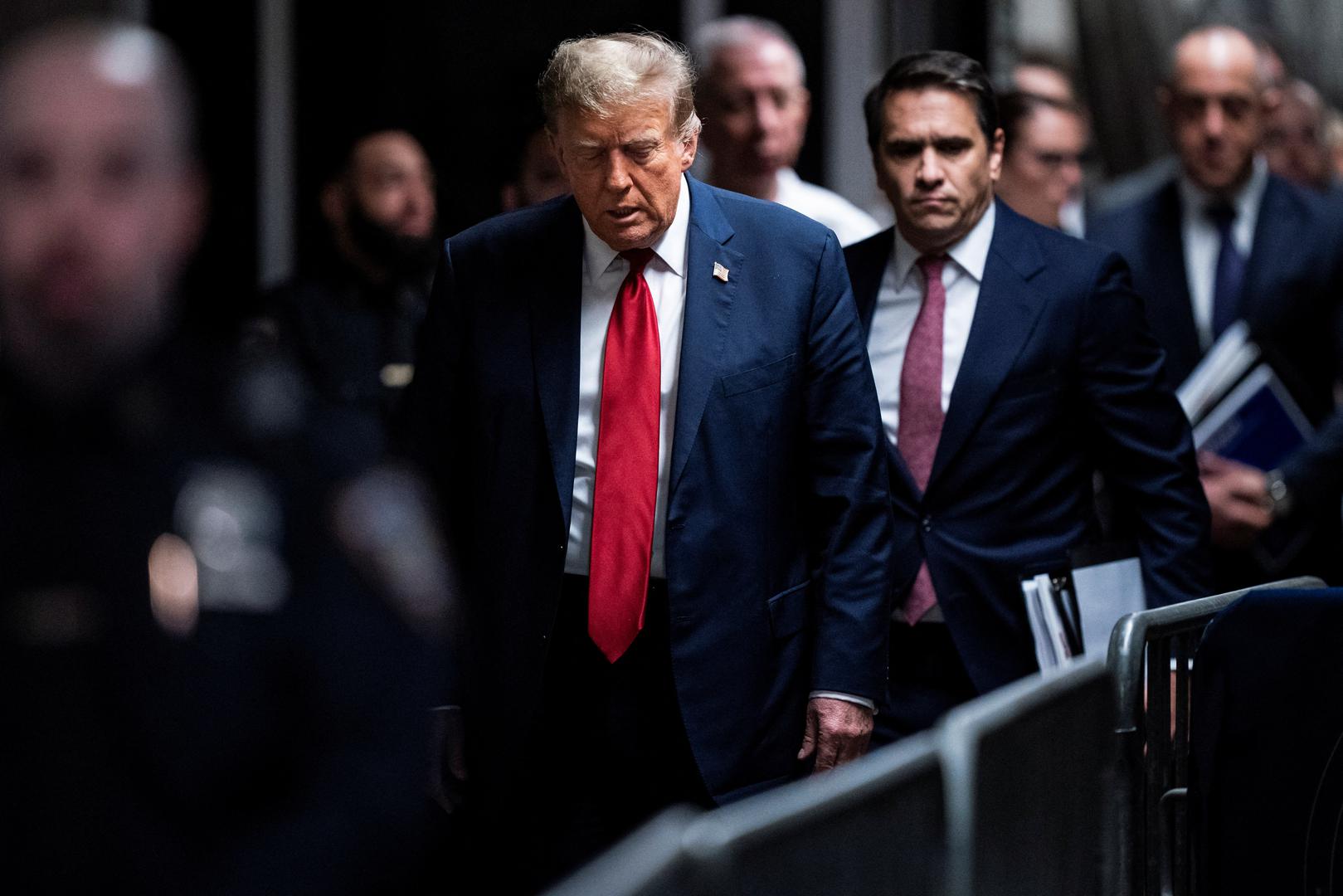 Former U.S. President Donald Trump arrives at Manhattan criminal court with his legal team ahead of the start of jury selection in New York, NY, U.S., on Monday, April 15, 2024. Trump faces 34 felony counts of falsifying business records as part of an alleged scheme to silence claims of extramarital sexual encounters during his 2016 presidential campaign. Jabin Botsford/Pool via REUTERS Photo: Jabin Botsford/REUTERS