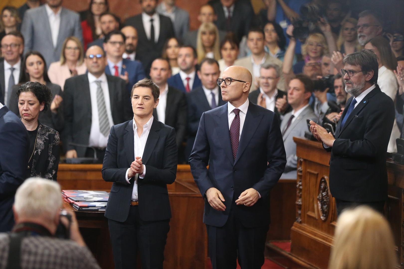 02, May, 2024, Belgrade - The Prime Minister of the Republic of Serbia, Milos Vucevic, and the ministers took the oath in the Assembly of the Republic of Serbia, and with that, their mandate officially began. Ana Brnabic, Milos Vucevic. Photo: F.S./ATAImages

02, maj, 2024, Beograd - Predsednik Vlade Republike Srbije Milos Vucevic i ministri polozili su zakletvu u Skupstini Republike Srbije, a time je poceo i zvanicno da im tece mandat. Photo: F.S./ATAImages Photo: F.S./ATAImages/PIXSELL