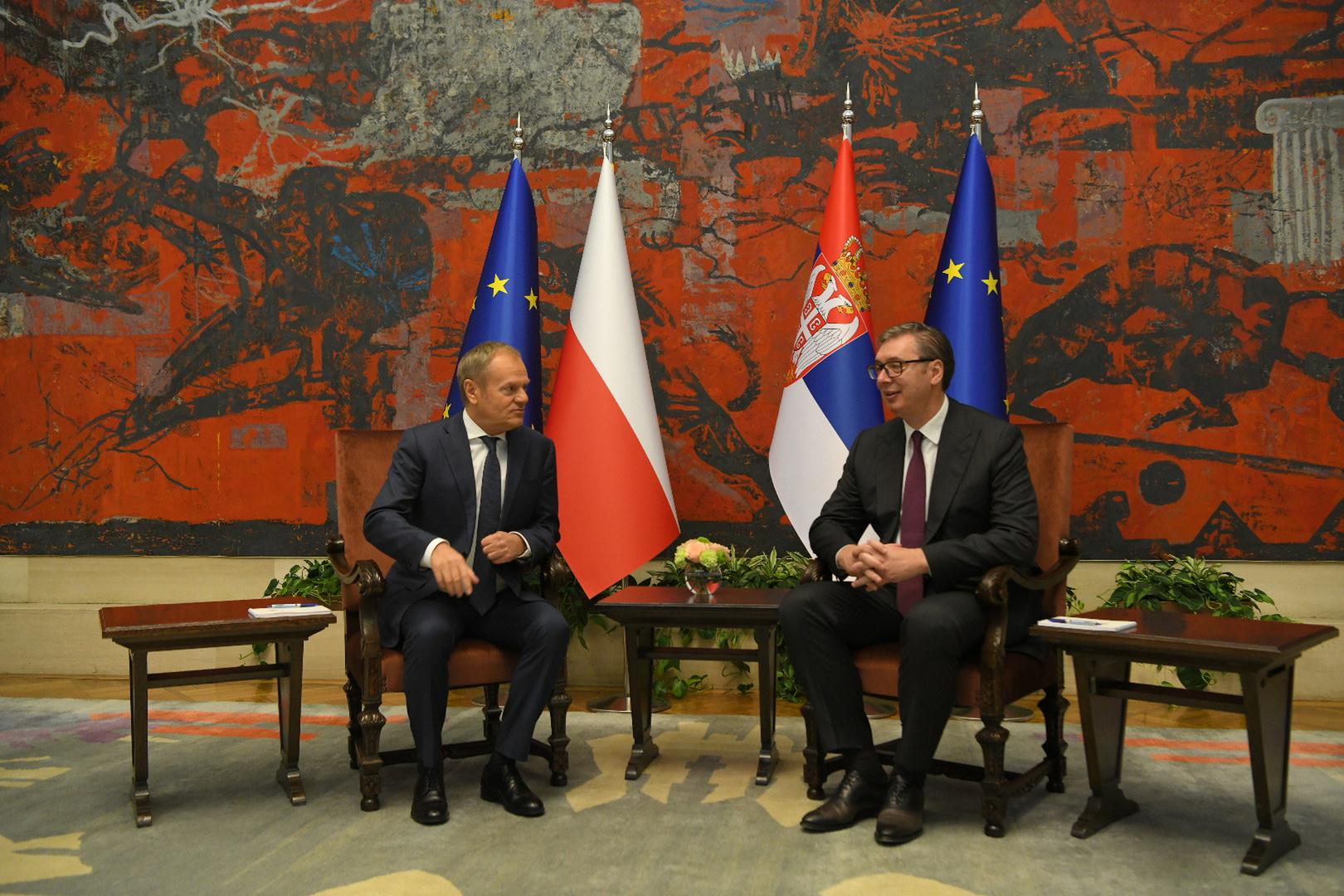 24, October, 2024, Belgrade - The President of the Republic of Serbia, Aleksandar Vucic, will host the Prime Minister of the Republic of Poland, Donald Tusk, who is on an official visit to the Republic of Serbia from October 23 to 24 - Tête-à-tête meeting between Aleksandar Vucic and Donald Tusk. Donald Tusk, Aleksandar Vucic. Photo: R.Z./ATAImages 

24, oktobar, 2024, Beograd - Predsednik Republike Srbije Aleksandar Vucic ugostice predsednika Vlade Republike Poljske Donalda Tuska koji boravi u zvanicnoj poseti Republici Srbiji od 23. do 24. oktobra. Photo: R.Z./ATAImages Photo: R.Z./ATAImages/PIXSELL