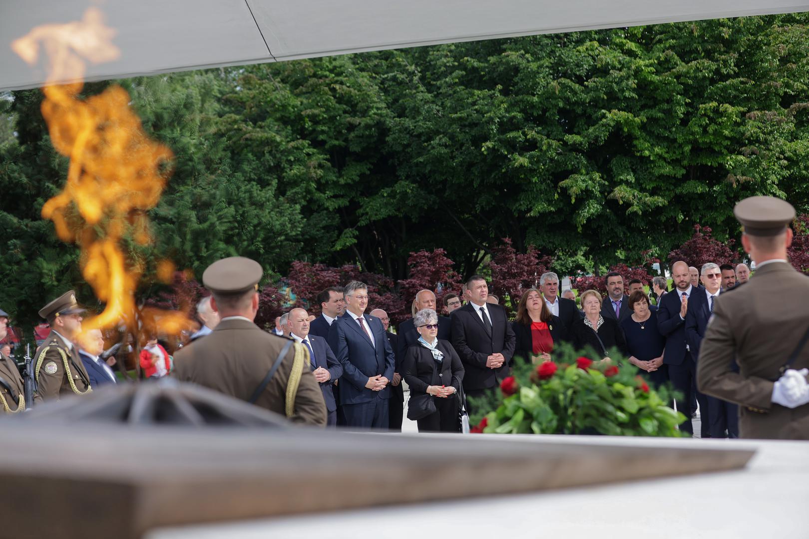 30.05.2023., Zagreb - Povodom obiljezavanja Dana drzavnosti Hrvatske, predsjednik Hrvatskog sabora Gordan Jandrokovic i premijer Andrej Plenkovic polozili su vijence i svijece na spomenik domovini. Photo: Luka Stanzl/PIXSELL