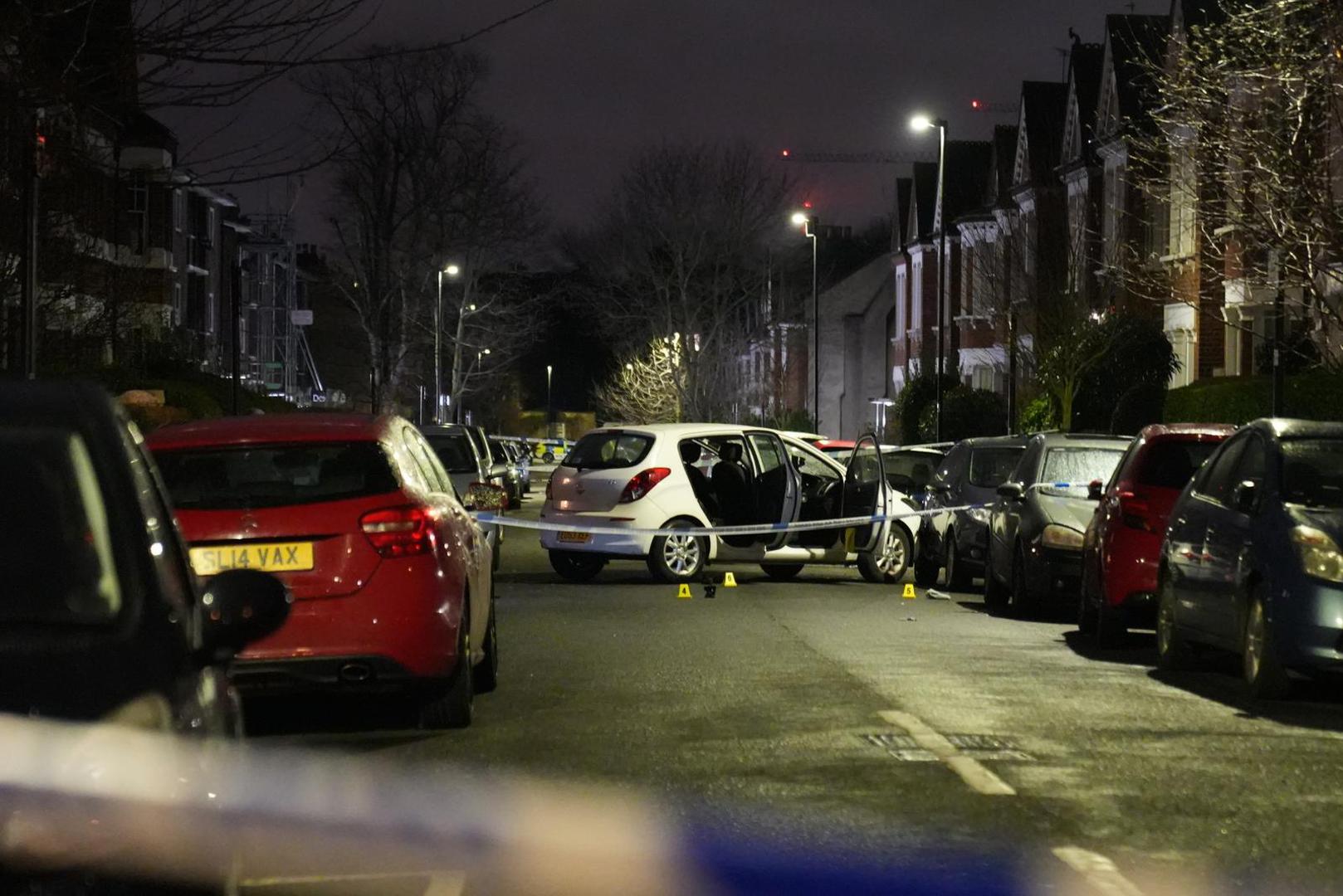 Police at the scene in Lessar Avenue near Clapham Common, south London, where a woman and her two young children have been taken to hospital after a man threw a suspected corrosive substance on Wednesday evening. Three other members of the public were also taken to hospital with injuries thought to have been suffered as they came to the aid of the woman and her children. Picture date: Thursday February 1, 2024. Photo: James Weech/PRESS ASSOCIATION