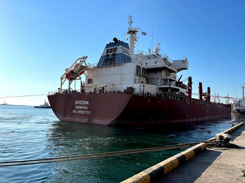 The bulk carrier Arizona is seen in the sea port of Pivdennyi near the Yuzhne town