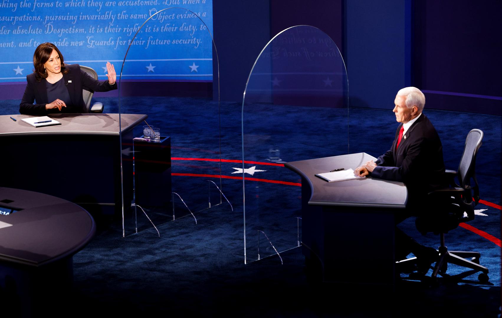 Democratic vice presidential nominee Senator Kamala Harris and U.S. Vice President Mike Pence participate in their 2020 vice presidential campaign debate in Salt Lake City Democratic vice presidential nominee Senator Kamala Harris and U.S. Vice President Mike Pence participate in their 2020 vice presidential campaign debate held on the campus of the University of Utah in Salt Lake City, Utah, U.S., October 7, 2020. REUTERS/Brian Snyder BRIAN SNYDER