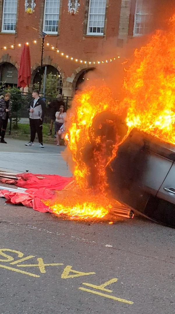 A car burns during anti-immigration demonstrations in Sunderland, Britain August 2, 2024 in this still image obtained from a social media video. TikTok @whatsthecracklike/via REUTERS  THIS IMAGE HAS BEEN SUPPLIED BY A THIRD PARTY. MANDATORY CREDIT. NO RESALES. NO ARCHIVES. Photo: @whatsthecracklike/REUTERS