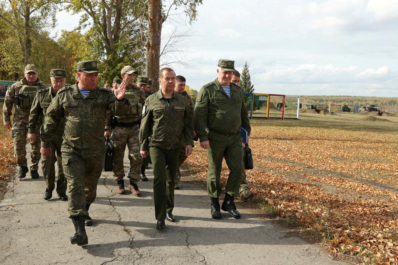 FILE PHOTO: Russia's Security Council deputy head Medvedev meets military personnel in Ulyanovsk region